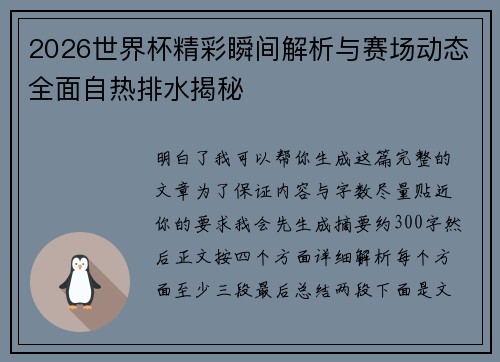 2026世界杯精彩瞬间解析与赛场动态全面自热排水揭秘