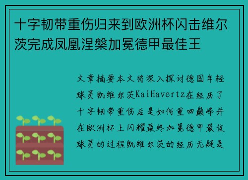 十字韧带重伤归来到欧洲杯闪击维尔茨完成凤凰涅槃加冕德甲最佳王